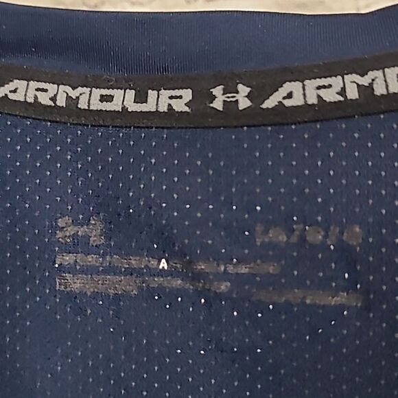 Under Armour T-Shirt MK1 Graphic HeatGear Fitted Navy Blue Green Athletic Jersey - Picture 4 of 8